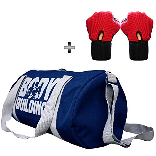 5 O' CLOCK SPORTS Gym Bag Combo Set Enclosed With Body Building Polyster Duffle Gym Bag For Men and Women For Fitness - Bag Size 49cm x 24cm x 24cm - Blue Color- Leather Gym Gloves With Wrist Support- Red Color ®